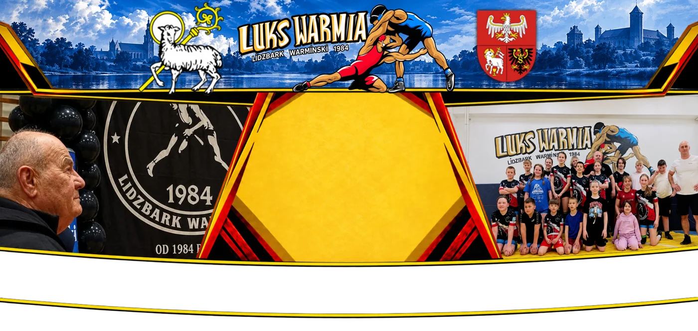 LUKS Warmia — Lidzbark Warmiński, 1984. Zdjęcia klubu i zawodników po bokach żółtej maty.